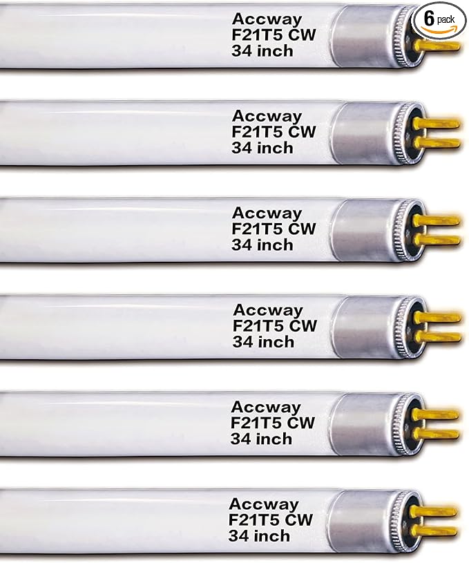 (6pack 34inch F21T5/841 Cool White Fluorescent Light Bulb, 21Watts 4100K T5 Linear Tube Replacement F21W/841/HO,F21T5 CW Full Spectrum CRI85+