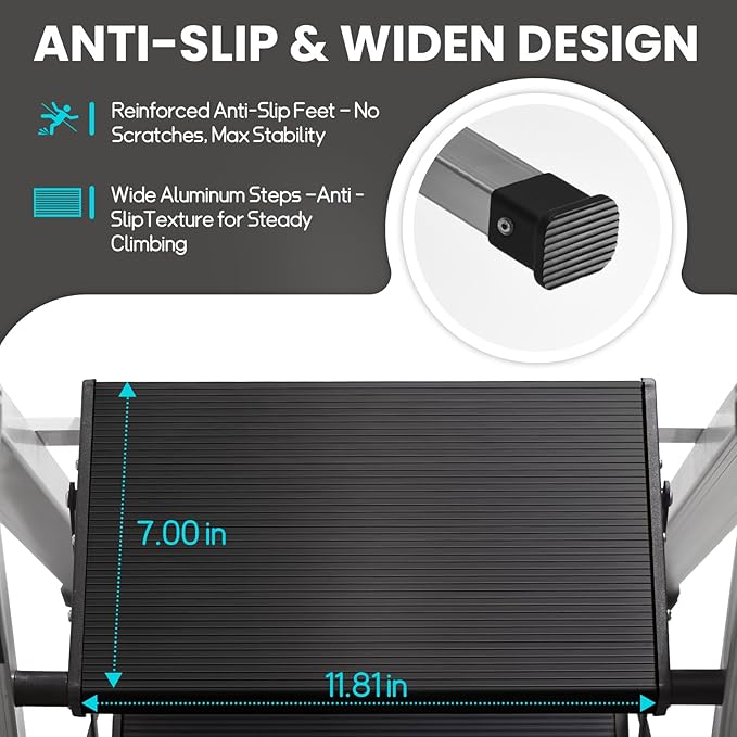 XinSunho 4 Step Ladder, Aluminum Folding Stool with Retractable Handrails & Tool Tray, Anti-Slip, Sturdy Lightweight, 330lbs Safety for Kitchen Indoor Outdoor