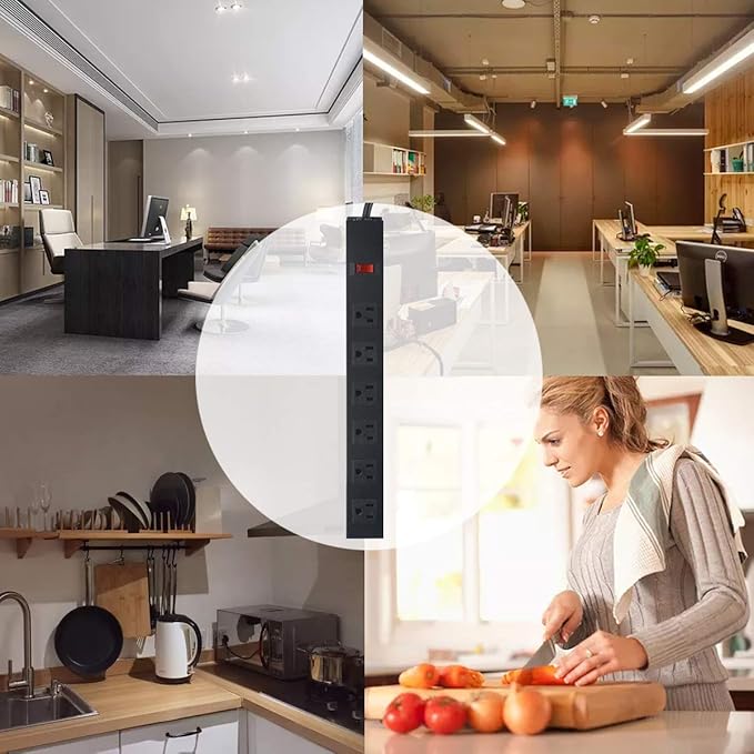 Metal Wall Mount Power Strip, Mountable Power Outlet with 6 AC Outlets, Aluminum Alloy Mount Power Socket with Switch, 6 FT SJT 3/C 14AWG Power Cord, 15A 125V 1875W (6AC) Black