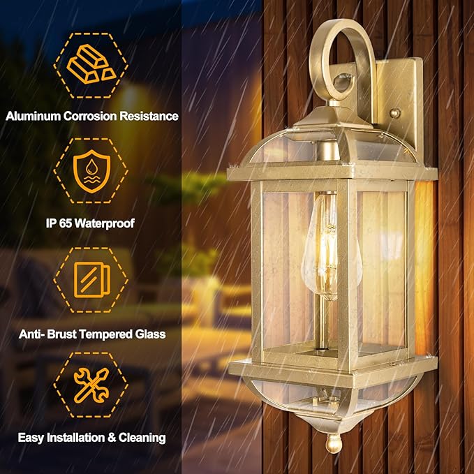2-Pack 18” Gold Light Fixtures Outdoor Wall Lights Exterior Lanterns, Brass Porch Lights Outside Anti-Rust Aluminum Patio Lights for House Clear Glass Wall Mount Lighting, IP65 Waterproof