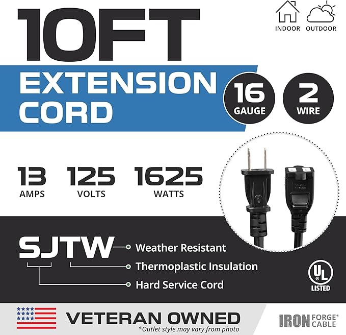 Iron Forge Cable 10 Ft Black Extension Cord, 16/2, 10 Foot Extension Cord with 2 Prong Polarized Plug, Weatherproof - Great for Outdoor & Indoor Use