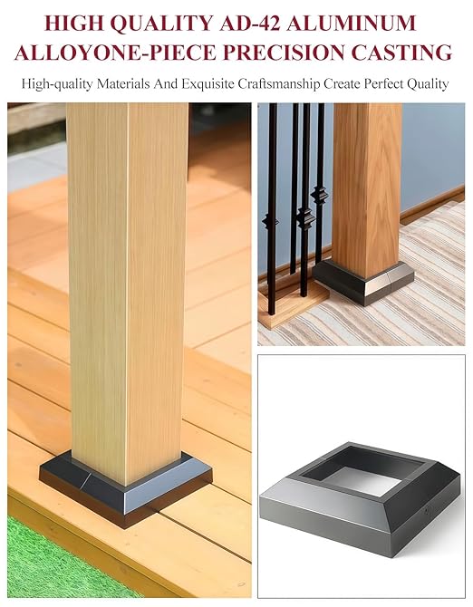 6PCS 3"x 3" Split Deck Post Base Cover, Aluminum Split Type Post Skirt Guardrail Bottom Cover for Railings, Stairs, Patios, Porches, Split Deck Base Bracket Covers(Black)