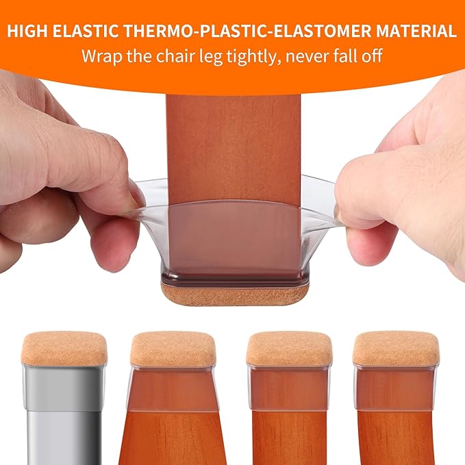 Ezprotekt 24 Pcs Rectangle Clear Silicone Chair Leg Floor Protectors Caps, Rectangle Felt Furniture Pads Covers Cups for Chair Table - Anti- Scratches and No Noise (Fit L :1.3-1.7", W: 0.6-0.9")