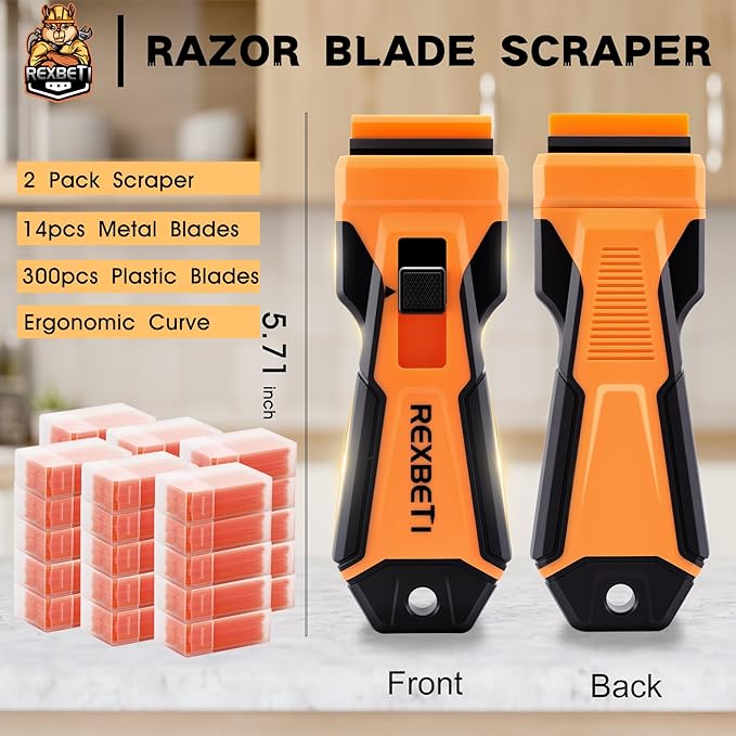 REXBETI Razor Blade Scraper Tool, 2 Pack Razor Scraper with Extra 314Pcs Razor Blades -14Pcs Metal and 300Pcs Plastic Blades, Cleaning Scraper Tool, Cooktop, Paint, Glass Scraper