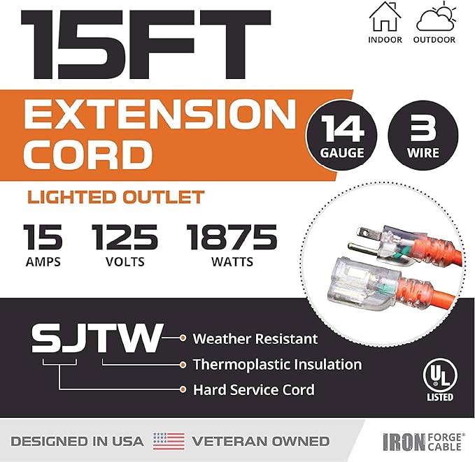 Iron Forge Cable Weatherproof 15 Ft Outdoor Extension Cord - 14/3 SJTW 15 Amp Heavy Duty Orange Extension Cord 3 Prong - Lighted End