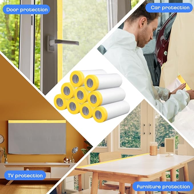 Seajan 9 Roll Painters Plastic with Tape Pre Taped Masking Film for Painting Automotive Paint Adhesive Protective Film Masking Tape Roll Plastic Painting Covering (White,5 x 65 Ft)