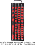 CASOMAN 80-Piece Portable Socket Organizer Tray, 1/4-Inch, 3/8-Inch, 1/2-Inch,Heavy Duty Socket Rail, Black Rails with Red Clips
