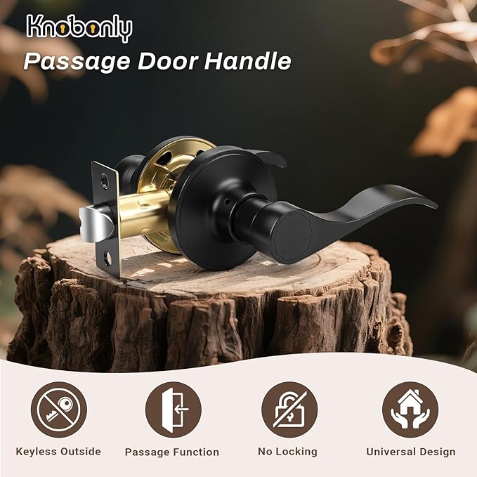 Knobonly 2 Pack Matte Black Pasage Door Levers Interior Door Handles for Hallyway andCloset Door Knobs Keyless Black Door Handles with Lock, Zinc Alloy Reversible for Right/Left