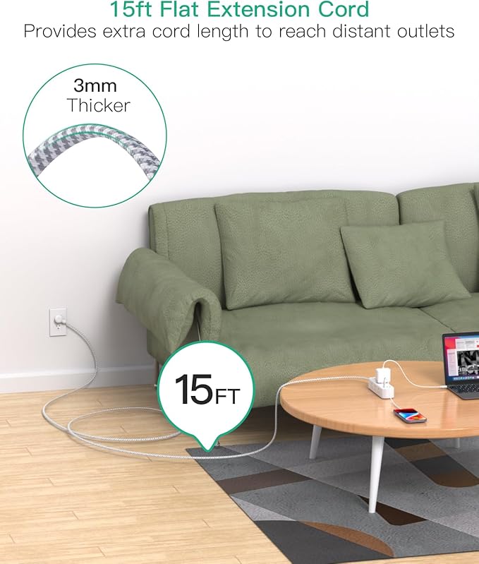 Mifaso Extension Cord 15 ft, Surge Protector Power Strip, Long Extension Cord with 9 Outlets 3 USB Ports, Extension Cord with Multiple Outlets, USB Power Strip for Dorm Room Essentials, College, White