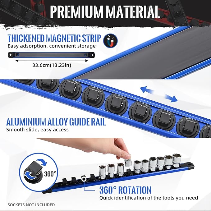 Magnetic Socket Organizer, 3-Piece Heavty Duty Aluminum Socket Holder, Socket Rail for Tool Box, Premium Quality 360° Swivel Socket Rack Kit with 40 Clips for 1/2, 3/8, 1/4-Inch(Blue)
