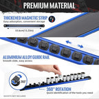 Magnetic Socket Organizer, 3-Piece Heavty Duty Aluminum Socket Holder, Socket Rail for Tool Box, Premium Quality 360° Swivel Socket Rack Kit with 40 Clips for 1/2, 3/8, 1/4-Inch(Blue)