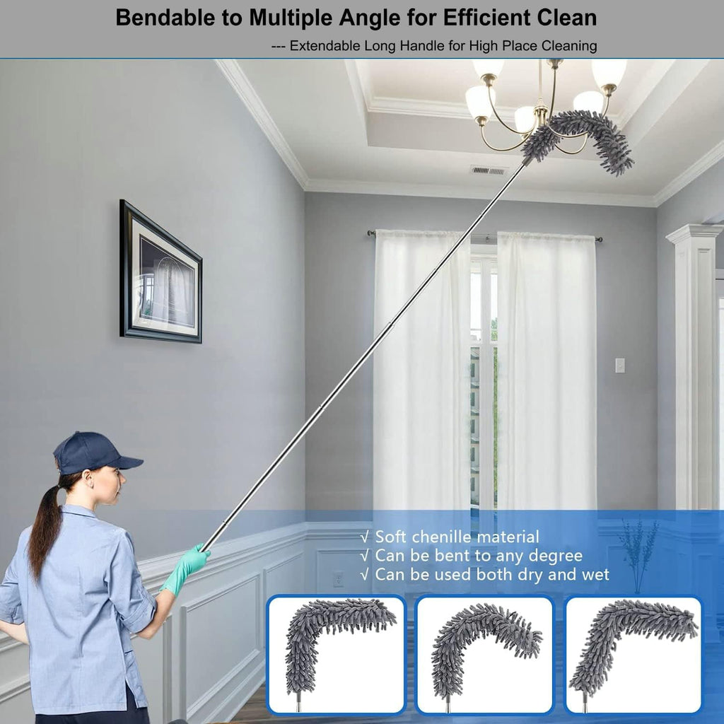 Microfiber Duster Kit High Reach Ceiling Fan Duster with Extendable Pole 100" Telescoping Cobweb Duster for Cleaning, Bendable Head Washable Duster for Ceiling, Fan, Furniture