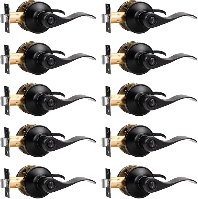 Knobonly 10 Pack Matte Black Privacy Door Levers Interior Door Handles for Bedroom and Bathroom Door Knobs Keyless Privacy Door Handles with Lock, Zinc Alloy Reversible for Right/Left