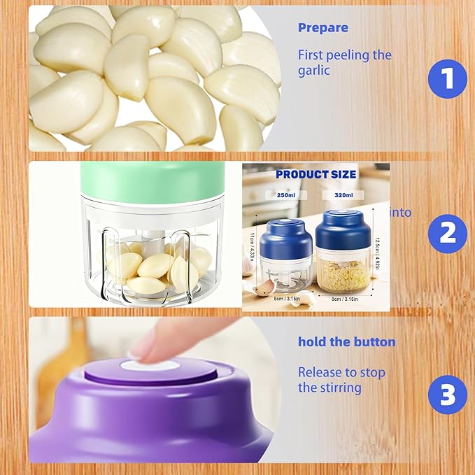 Electric Garlic Chopper, 2025 New Mini Portable Veggie Chopper, Garlic Grinder Masher Rechargeable, Wireless Food Processor for Ginger, Chili, Fruit, Meat (Purple, 250ML)