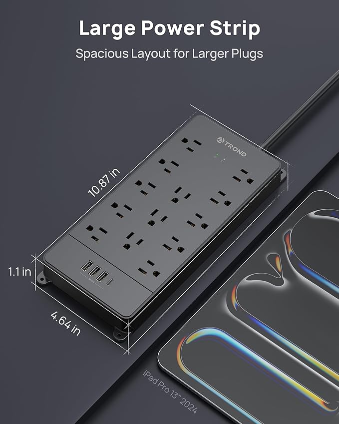 TROND Power Strip Surge Protector 10 ft Cord, 4000 Joules, ETL Listed, 13 Widely-Spaced Outlets Expansion with USB C Ports, Low-Profile Flat Plug, Wall Mount, Extension Cord, 14AWG Heavy Duty, Black