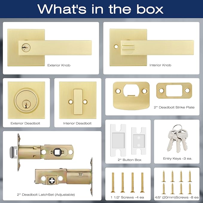 EHOMEWARE 3 Pack Door Handleset with Single Cylinder Deadbolt, Satin Brass Deadbolt, Reversible for Right and Left Side Single Keyed Square Deadbolt Lock Set