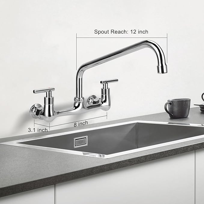 8" Center Wall Mount Kitchen Faucet with 12" Swivel Spout, 2 Handle Commercial Restaurant Sink Faucet for Compartment Sink & Home Kitchen Sink, Chrome Finish