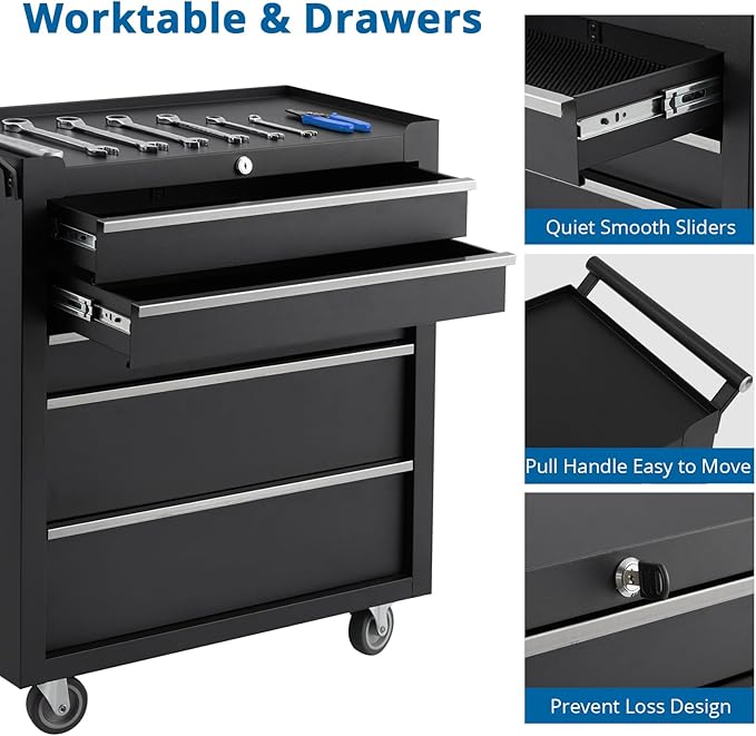 Garvee Rolling Tool Chest, 5 Drawers Tool Storage Cabinet, Toolbox with Wheels, Portable Tool Cabinet Organizer with Locking System & Drawer Liners, Tool Storage Cart for Garage, Workshop, Black