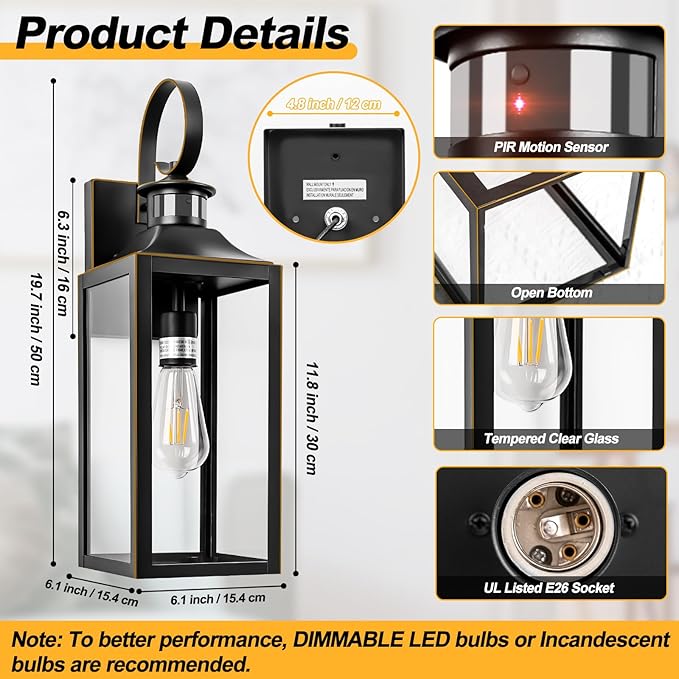 Large Motion Sensor Outdoor Wall Light 20" - Black Dusk to Dawn Outdoor Lighting, Modern Wall Mount Light Fixture, Waterproof Porch Light Fixture for Outside House Garage, 3 Modes (with Gold Trim)