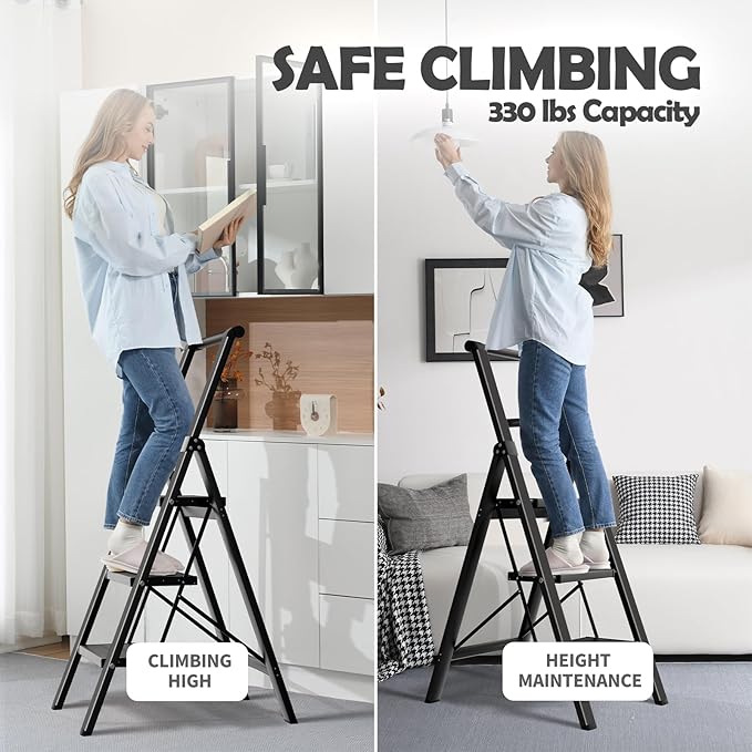 Taranta Step Ladder 3 Step Folding,Lightweight Portable Step Ladder with Anti-Split Pedal,Ladders with Convenient Handgrip,Aluminum Step Stool for Library, Home, Kitchen - Black