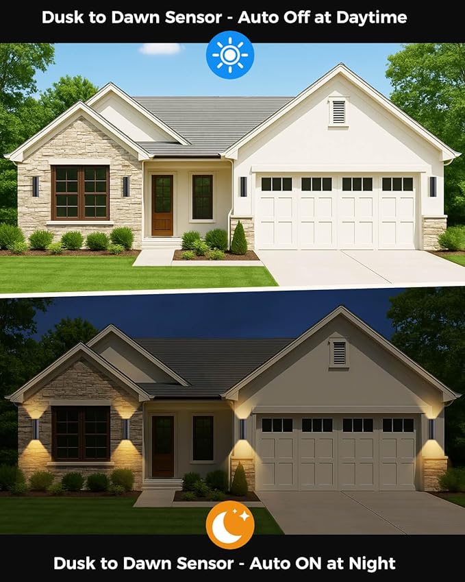 KIZON Dusk to Dawn Outdoor Lighting 2 Pack, Modern Outdoor Wall Lights Black Exterior Lighting Fixtures Wall Mount with E26 Base, Waterproof Sconce Porch Light with Bulbs Included, ETL Listed