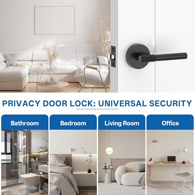 Amerdeco 1 Pack Matte Black Door Handles Interior,Knurled Privacy Door Handles with Lock,Heavy Duty Black Door Lever for Bedroom or Bathroom,Reversible Keyless for Left Right Handed Doors AM0027