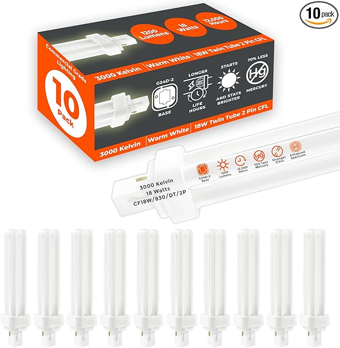 GoodBulb 18 Watt CFL Light Bulbs 2 Pin G24D-2 Base 3000K Warm White 18W High Output 1200 Lumens Double Tube Compact Fluorescent Light Bulbs Plug-in 10 Pack