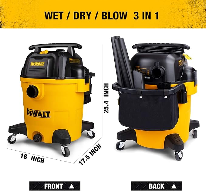 DEWALT 12 Gallon Poly Wet/Dry Vac, 5.5 HP Shop Vacuum Wet Vacuum Cleaner for Workshop, Jobsite, Commericial Area, Large Pick-Up Capacity, Yellow,DXV12P