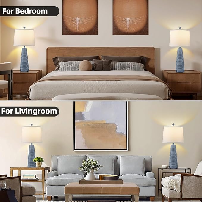 Terpsichore Nightstand Lamp Bedside Lamps Set of 2 Vintage Rustic Farmhouse Table Lamp 3 Way Dimmable Horizontal Stripe Light,Suitable for Living Room Bedroom,with Linen Shade LED Bulb,USB A+C Port