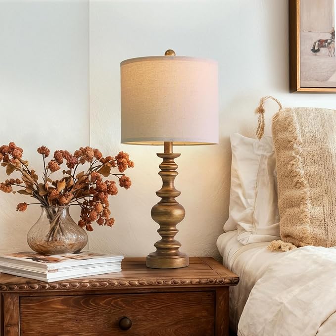 BOBOMOMO 24" Traditional Lamps Set of 2 – Antique Gold Bedside Lamps with Linen Shades, Elegant Medium Farmhouse Lamps for Living Room, Bedroom, and Hallway, Ideal for Warm, Cozy Spaces