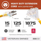 Iron Forge Cable 10 Gauge 10ft Lighted Outdoor Heavy Duty Extension Cord with 3 Outlets - 15 Amp 10/3 SJTW Yellow Extension Cord with Multiple Outlets - 2 Pack