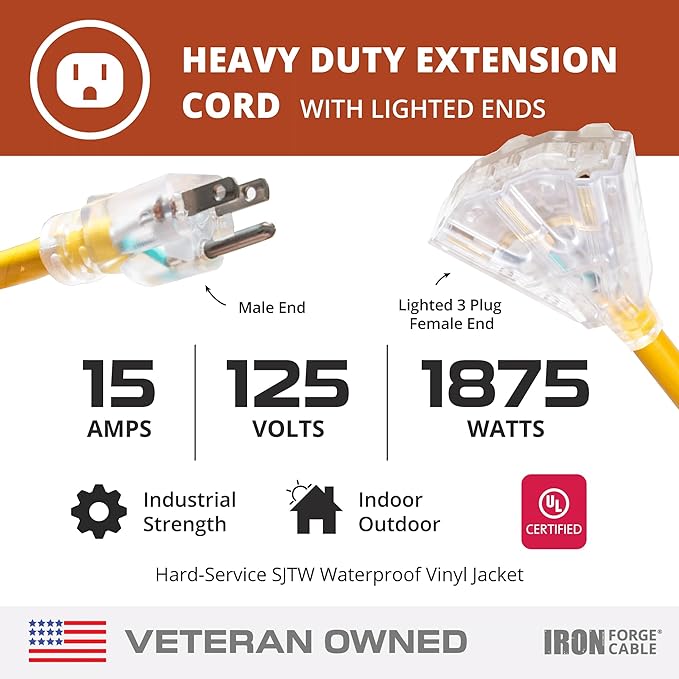 Iron Forge Cable 10 Gauge 3ft Lighted Outdoor Heavy Duty Extension Cord with 3 Outlets - 15 Amp 10/3 SJTW Yellow Extension Cord with Multiple Outlets