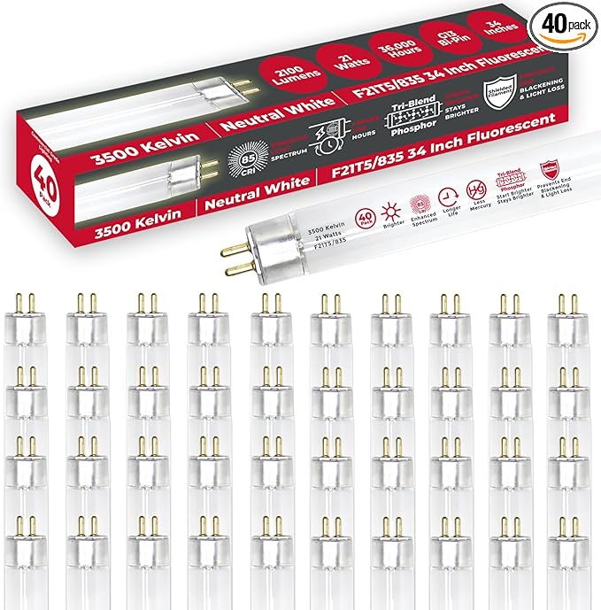 GoodBulb F21T5/835/ECO 21W 34 Inch T5 Fluorescent Light Bulb, 3500K Soft White Medium Bi-Pin Base, 2100 Lumens 85 CRI 36000 Life Hours, Instant/Programmed Start (40 Pack)