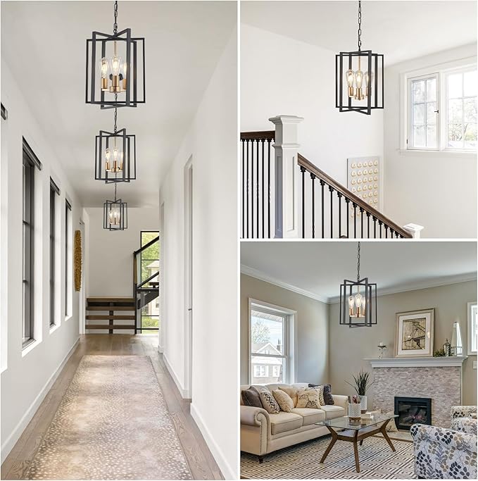Black Gold Chandelier for Dining Room, Modern Farmhouse 3 Light Entryway Pendant Light Fixture Adjustable Geometric Industrial Rustic Foyer Light for Living Room Kitchen Island Hallway Bedroom