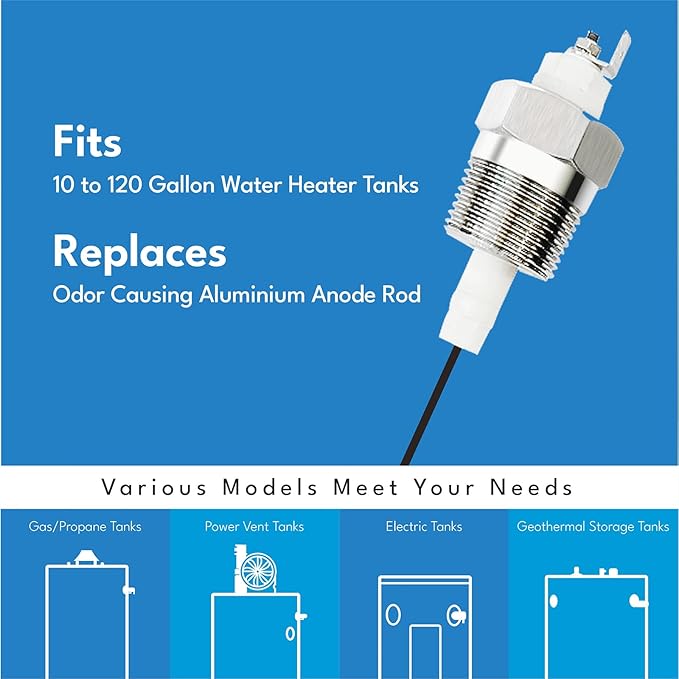Powered Anode Rod for Hot Water Heater, Eliminate Sulfur Odor, Prevent Corrosion, Extend Lifespan, Easy to Install for Water Heaters and Well Water Systems (Model B)