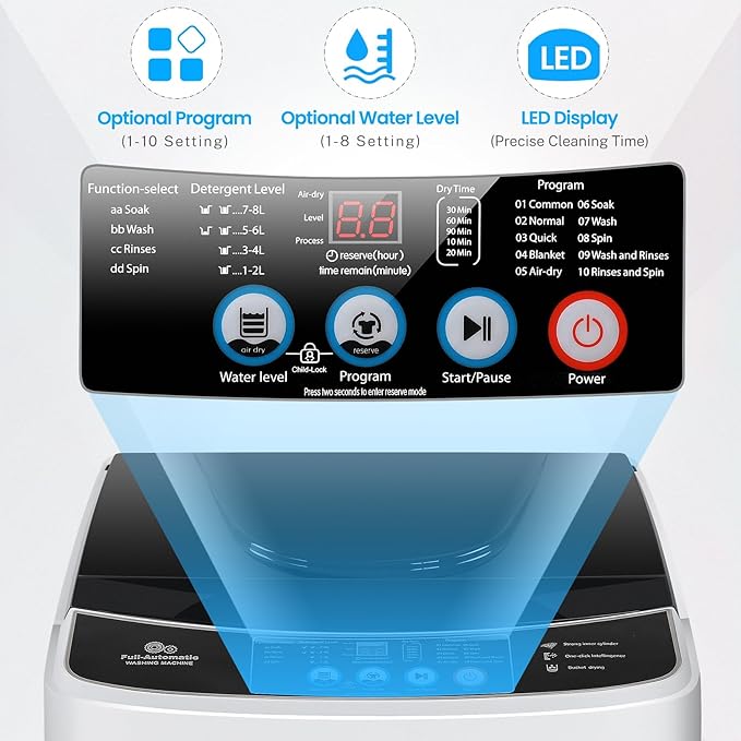 Nictemaw Portable Washing Machine, 2.1 Cu.ft Portable Washer 15.6Lbs Capacity Full Automatic Washing Machine with 10 Programs 8 Water Levels, Drain Pump, LED Display, for Apartment, Dorm, Home, RVs