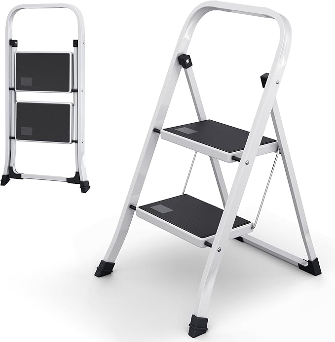 Lifetime Home 2-Step Ladder with Wide Anti-Slip Platform & Thick Rubber Feet - Lightweight Heavy Duty Foldable & Portable - 330 lbs Capacity, Steel Frame, Rubber Handgrip, Folding Step Stool - White