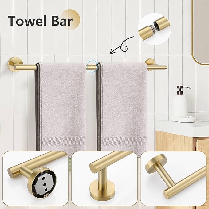 10-Piece Brushed Gold Towel Bar Set Bathroom Hardware Set Include 23.6in Towel Bar Toilet Paper Holder Towel Ring Upgraded Towel Hooks Towel Holder Set for Bathroom Stainless Steel Wall-Mounted