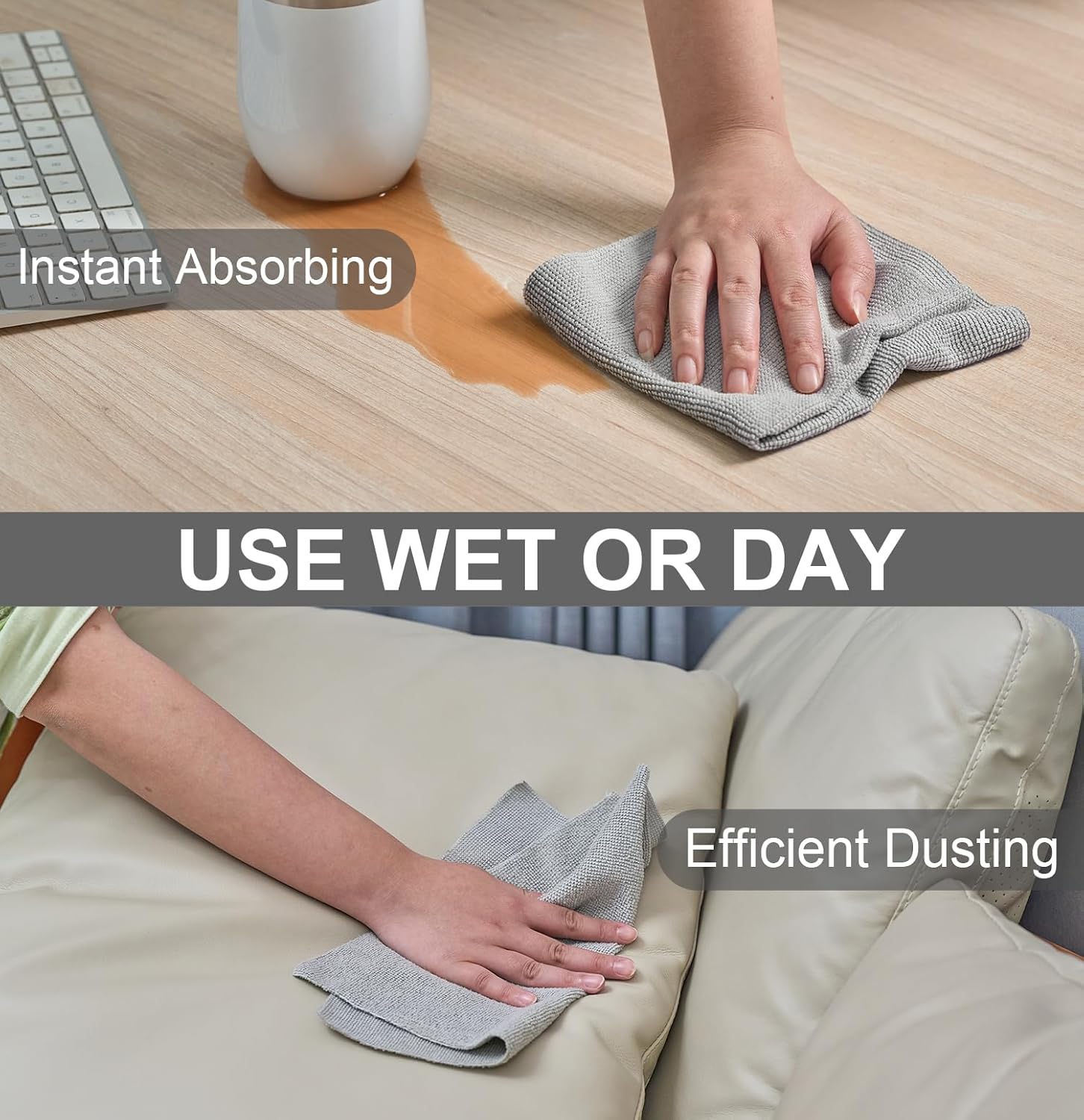 UPSTAR Microfiber Cleaning Cloth, Reusable Paper Towels Rolls, Cleaning Rags for Cleaning Kitchen, Bathroom, Car, 12x12 inch, 50 Packs/Roll, Grey