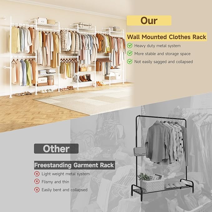 H6 Wall Mounted Closet System, Industrial Pipe Clothes Rack Clothing Racks with 6 Telescopic Rods & 3 Fixing Rods & 9 Shelves, Heavy Duty Closet Organizers and Storage in Wardrobe Closet (White)