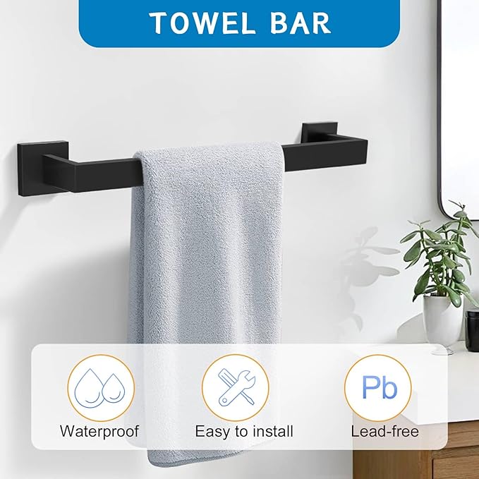 Matte Black 5 Pieces Bathroom Hardware Accessories Set Towel Bar Set Towel Holder Racks Set for Bathroom,SUS304 Stainless Steel,Wall Mounted 16-Inch Towel Bar