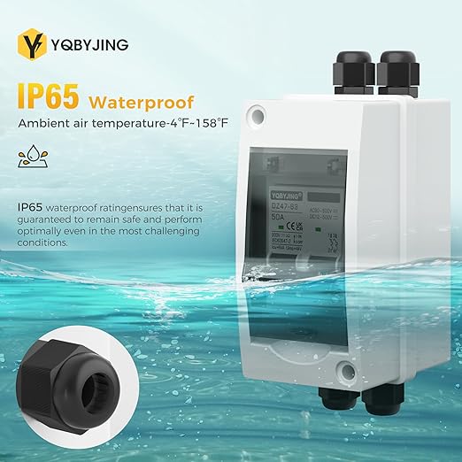 50 Amp AC/DC Solar Panel Disconnect Switch Miniature Circuit Breaker Box 500V 2 Poles with IP65 Waterproof UV-Proof Box for Outdoor Solar Homes PV Battery