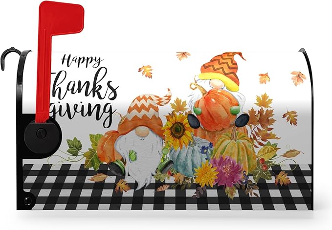 Happy Thanksgiving Mailbox Covers Magnetic Oversized Fall Gnomes Pumpkins Mailbox Cover Large Size 25.5x21 Inch Decor Black White Plaid Letter Post Box Wraps for Garden Outdoor