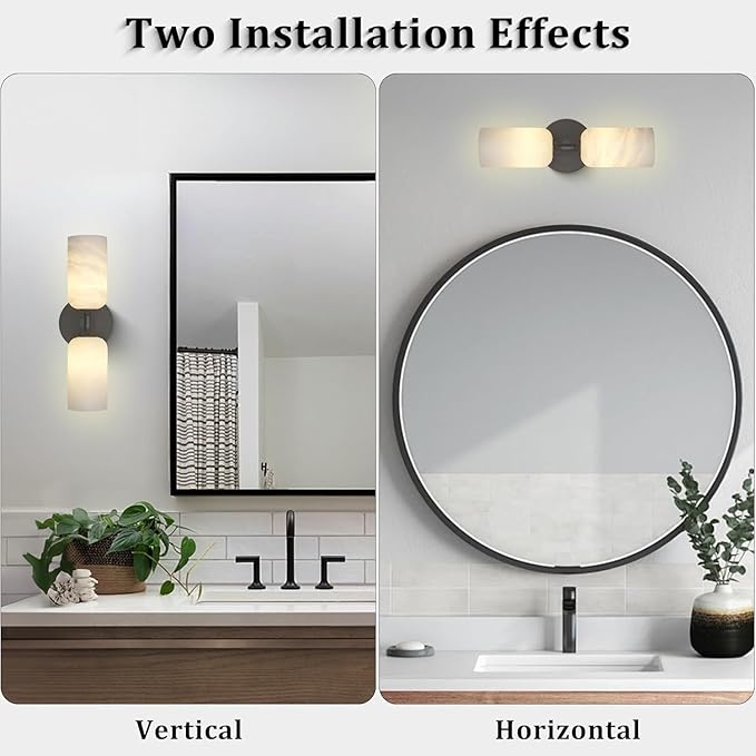 14in Modern Spanish Natural Marble Bathroom Vanity Sconces, Alabaster Wall Sconces Set of Two, Black Alabaster Sconce Wall Lighting, Black Wall Light Fixtures Decor