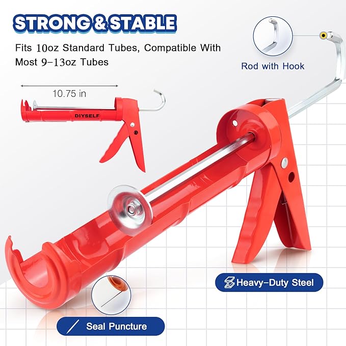 DIYSELF Caulk Gun No Drip, Heavy Duty Caulking Tool, 10:1 Thrust Ratio, Hand Caulking Gun for 10 oz Cartridges, Silicone Gun Compatible with Sealant, Acrylic, Latex, Adhesive, Butyl & More (Red)