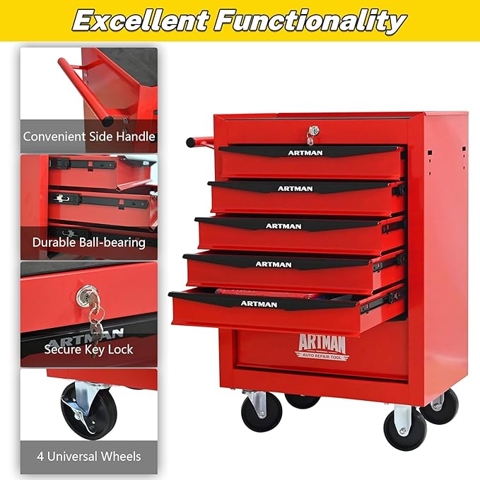 6-Drawer Steel Rolling Tool Cart with Wheels & Handle, Heavy-Duty Tool Chest Storage Cabinet for Garage and Workshop
