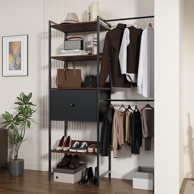 Adjustable Clothes Hanger, 108 Inches Closet System, Walk In Closet Organizer with 4 Shelving Towers, Heavy Duty Clothes Rack with Drawer, Industrial Built-In Garment Rack, Entryway Shelf