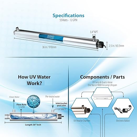 Bluonics 110W UV Water Ultraviolet 24GPM Plus Sediment and Carbon Well Water Purifier System Size 4.5" X 20" Filters for Large Home and Commercial