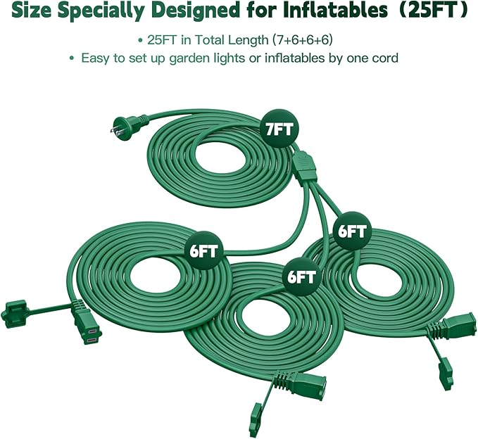 25Ft 3 Outlets Green Outdoor Extension Cords for Halloween Christmas Inflatables Blow Ups Yard Waterproof Outside with Multiple Outlets Extension Cord Power Splitter for Christmas Lights Decorations