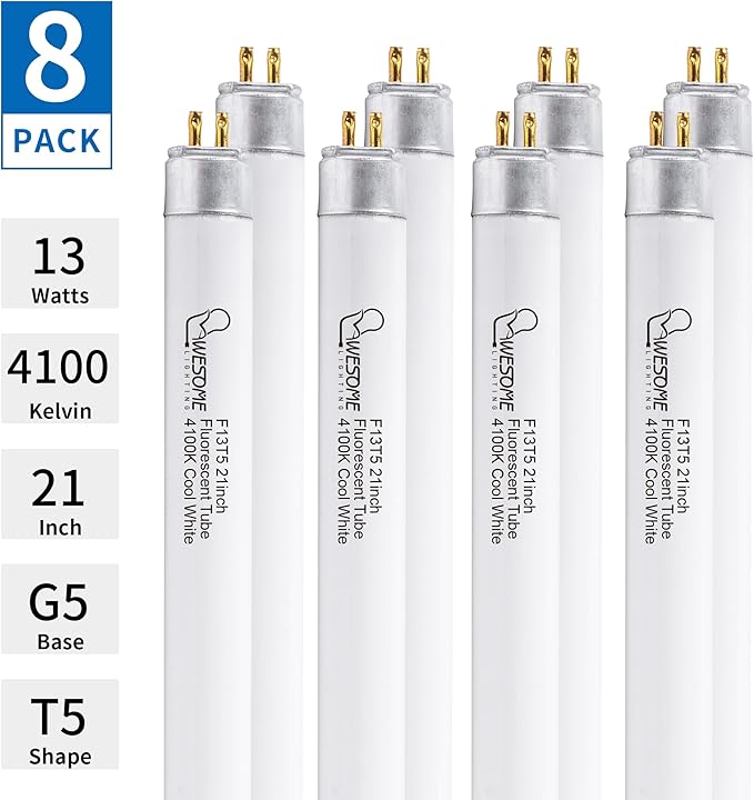 8 Pack 21 Inch F13T5/CW Fluorescent Light Bulb, 4100K Cool White, T5 13 Watts Fluorescent Replacement Bulb for Counter and Cabinet Fixture, G5 Base